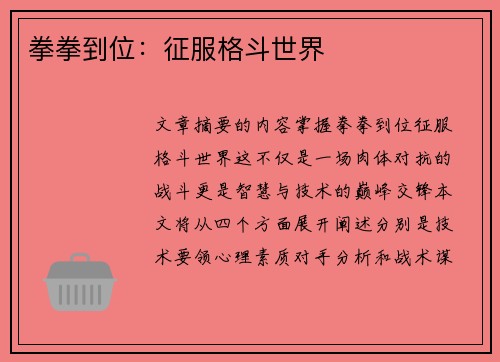 拳拳到位：征服格斗世界