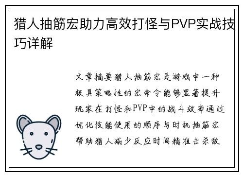 猎人抽筋宏助力高效打怪与PVP实战技巧详解