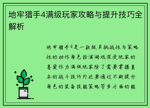 地牢猎手4满级玩家攻略与提升技巧全解析